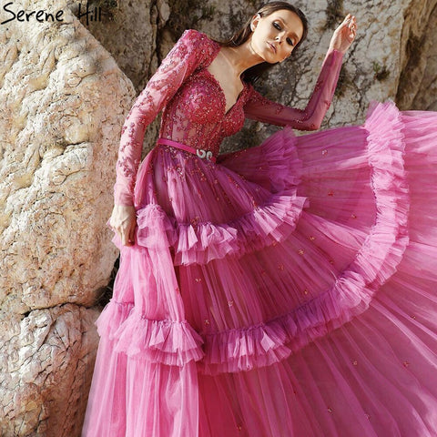 Robe de soirée de luxe style musulman fuchsia, coupe trapèze, à volants et perles, pour femmes, LA70986, 2025 