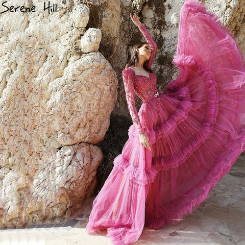 Robe de soirée de luxe style musulman fuchsia, coupe trapèze, à volants et perles, pour femmes, LA70986, 2025 