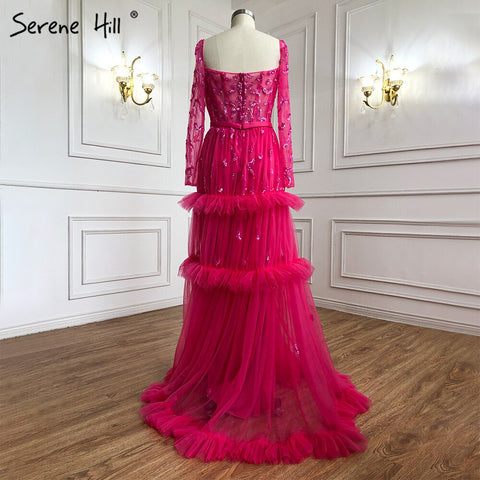 Robe de soirée de luxe style musulman fuchsia, coupe trapèze, à volants et perles, pour femmes, LA70986, 2025 