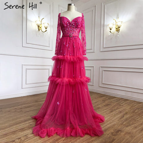 Robe de soirée de luxe style musulman fuchsia, coupe trapèze, à volants et perles, pour femmes, LA70986, 2025 