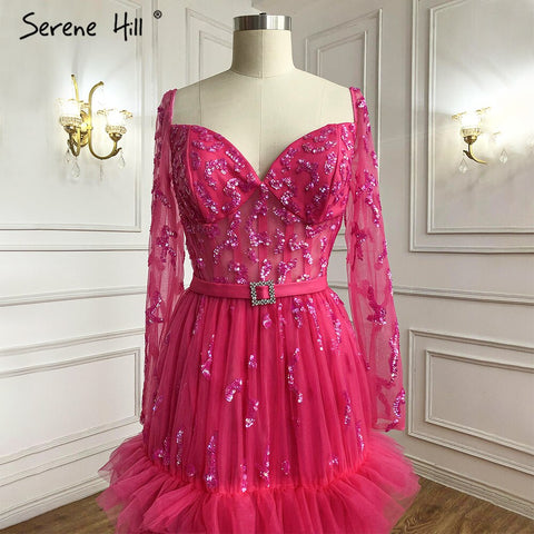 Robe de soirée de luxe style musulman fuchsia, coupe trapèze, à volants et perles, pour femmes, LA70986, 2025 