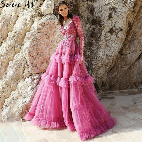 Robe de soirée de luxe style musulman fuchsia, coupe trapèze, à volants et perles, pour femmes, LA70986, 2025 