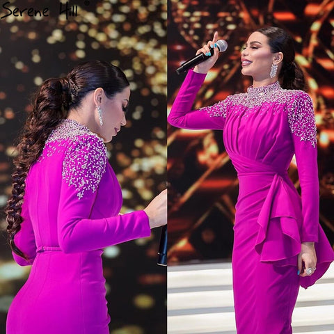 Robe de soirée sirène fuchsia musulmane, élégante, avec perles, pour mariage, collection 2025, LA71004 
