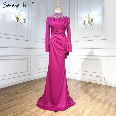 Robe de soirée sirène fuchsia musulmane, élégante, avec perles, pour mariage, collection 2025, LA71004 