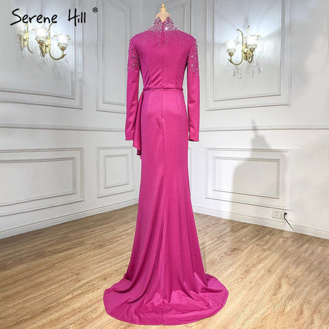 Robe de soirée sirène fuchsia musulmane, élégante, avec perles, pour mariage, collection 2025, LA71004 