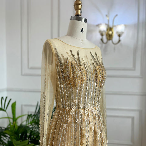 Robe de soirée longue de luxe pour femmes musulmanes, coupe trapèze, ornée de perles et de cristaux, pour fête de mariage, 2025, LA71957 