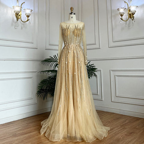 Robe de soirée longue de luxe pour femmes musulmanes, coupe trapèze, ornée de perles et de cristaux, pour fête de mariage, 2025, LA71957 