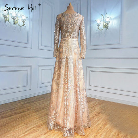 Robe de soirée musulmane dorée coupe trapèze, luxueuse, ornée de perles, pour femme, idéale pour un mariage, modèle LA70778, 2025 