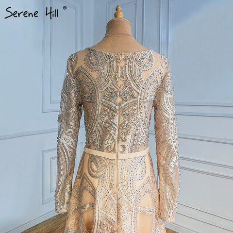 Robe de soirée musulmane dorée coupe trapèze, luxueuse, ornée de perles, pour femme, idéale pour un mariage, modèle LA70778, 2025 