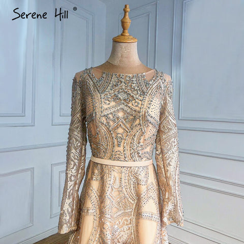 Robe de soirée musulmane dorée coupe trapèze, luxueuse, ornée de perles, pour femme, idéale pour un mariage, modèle LA70778, 2025 
