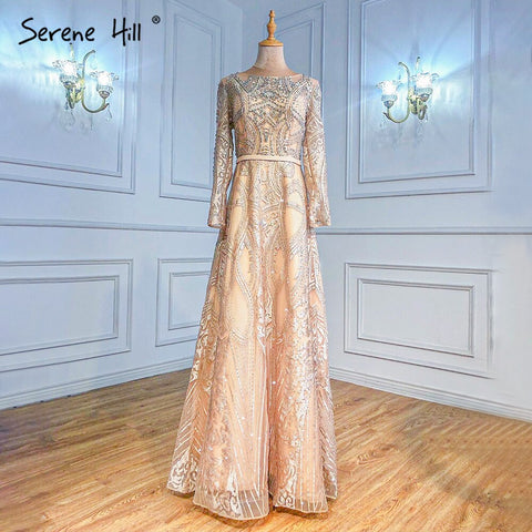 Robe de soirée musulmane dorée coupe trapèze, luxueuse, ornée de perles, pour femme, idéale pour un mariage, modèle LA70778, 2025 