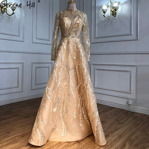 Robe de soirée musulmane dorée coupe trapèze, en dentelle, perles et cristaux, pour femmes, LA70957, 2025 