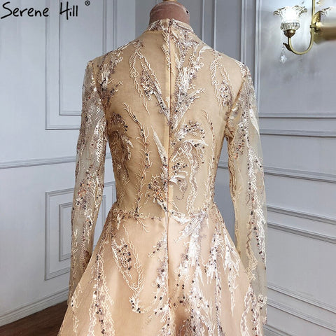 Robe de soirée musulmane dorée coupe trapèze, en dentelle, perles et cristaux, pour femmes, LA70957, 2025 