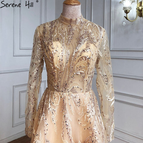 Robe de soirée musulmane dorée coupe trapèze, en dentelle, perles et cristaux, pour femmes, LA70957, 2025 