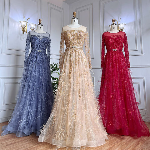 Robe de soirée de luxe musulmane dorée, coupe trapèze, en dentelle, perles et plumes, style arabe, pour femmes, mariage, LA71935, 2025 