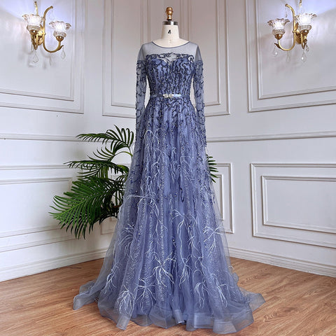 Robe de soirée de luxe musulmane dorée, coupe trapèze, en dentelle, perles et plumes, style arabe, pour femmes, mariage, LA71935, 2025 