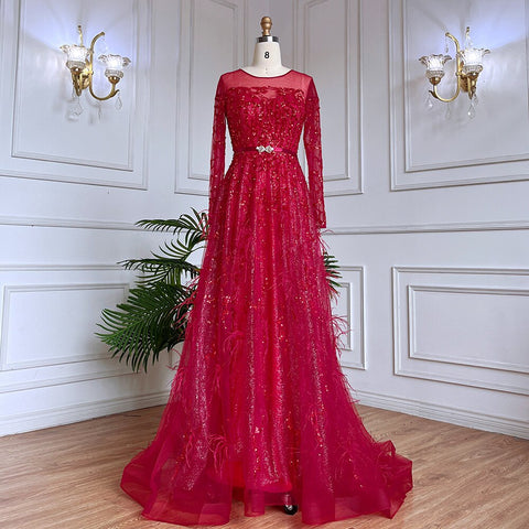 Robe de soirée de luxe musulmane dorée, coupe trapèze, en dentelle, perles et plumes, style arabe, pour femmes, mariage, LA71935, 2025 