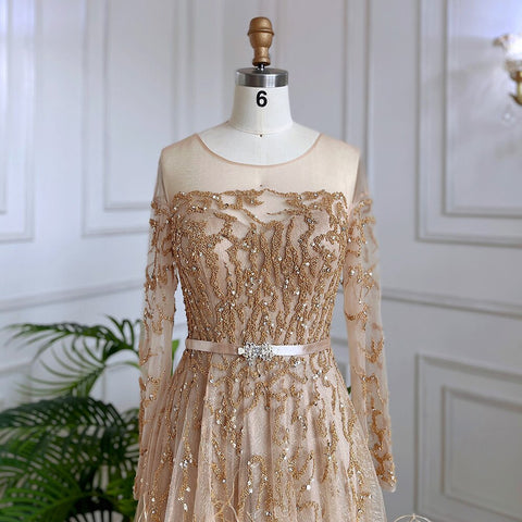 Robe de soirée de luxe musulmane dorée, coupe trapèze, en dentelle, perles et plumes, style arabe, pour femmes, mariage, LA71935, 2025 