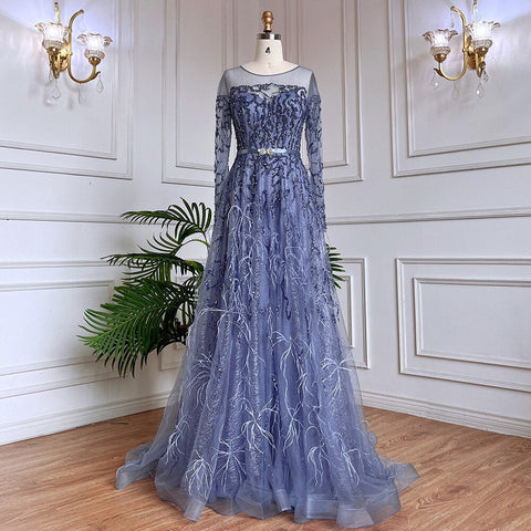 Robe de soirée de luxe musulmane dorée, coupe trapèze, en dentelle, perles et plumes, style arabe, pour femmes, mariage, LA71935, 2025 