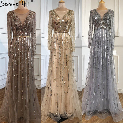 Robe de soirée luxueuse style musulman, coupe trapèze, dorée, avec perles scintillantes, manches longues, sexy, pour femmes, LA70674, 2025 