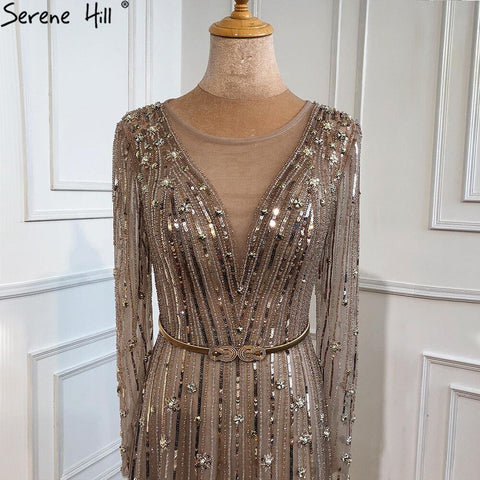 Robe de soirée luxueuse style musulman, coupe trapèze, dorée, avec perles scintillantes, manches longues, sexy, pour femmes, LA70674, 2025 