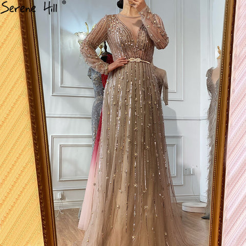 Robe de soirée luxueuse style musulman, coupe trapèze, dorée, avec perles scintillantes, manches longues, sexy, pour femmes, LA70674, 2025 
