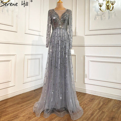 Robe de soirée luxueuse style musulman, coupe trapèze, dorée, avec perles scintillantes, manches longues, sexy, pour femmes, LA70674, 2025 
