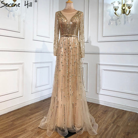 Robe de soirée luxueuse style musulman, coupe trapèze, dorée, avec perles scintillantes, manches longues, sexy, pour femmes, LA70674, 2025 