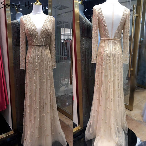 Robe de soirée luxueuse style musulman, coupe trapèze, dorée, avec perles scintillantes, manches longues, sexy, pour femmes, LA70674, 2025 
