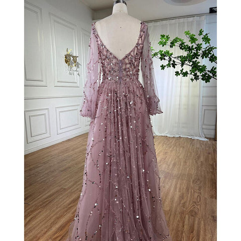Robe de soirée trapèze luxueuse et dorée pour femme musulmane, manches bouffantes, perles, sexy, formelle, LA71049, 2025 