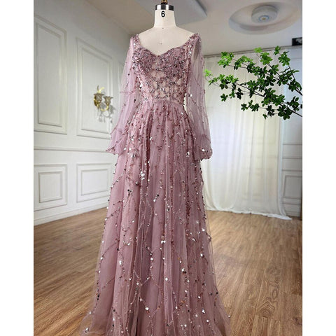 Robe de soirée trapèze luxueuse et dorée pour femme musulmane, manches bouffantes, perles, sexy, formelle, LA71049, 2025 