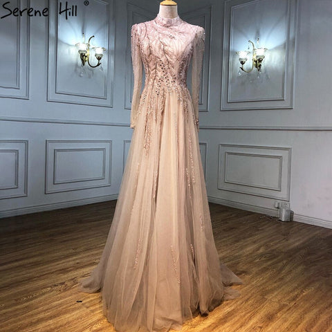 Robe de soirée musulmane de luxe dorée, manches longues, perles, pour femmes, LA71013, 2025 