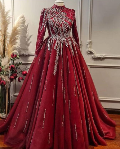 Robe de soirée musulmane de luxe dorée, manches longues, perles, pour femmes, LA71013, 2025 