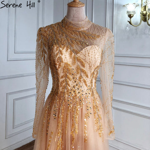 Robe de soirée musulmane de luxe dorée, manches longues, perles, pour femmes, LA71013, 2025 