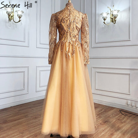 Robe de soirée musulmane de luxe dorée, longueur cheville, coupe trapèze, perles, pour femmes, LA70987, 2025 