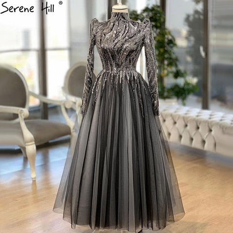 Robe de soirée musulmane de luxe dorée, longueur cheville, coupe trapèze, perles, pour femmes, LA70987, 2025 