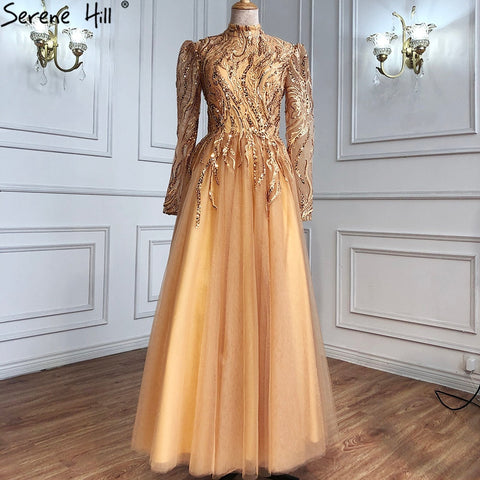 Robe de soirée musulmane de luxe dorée, longueur cheville, coupe trapèze, perles, pour femmes, LA70987, 2025 