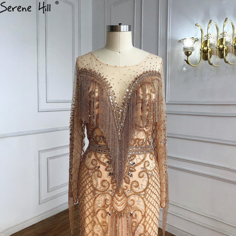 Robe de soirée musulmane luxueuse dorée, élégante, avec pompons et perles, pour femme, modèle LA60780, 2025 