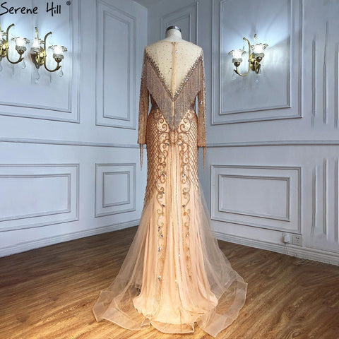 Robe de soirée musulmane luxueuse dorée, élégante, avec pompons et perles, pour femme, modèle LA60780, 2025 