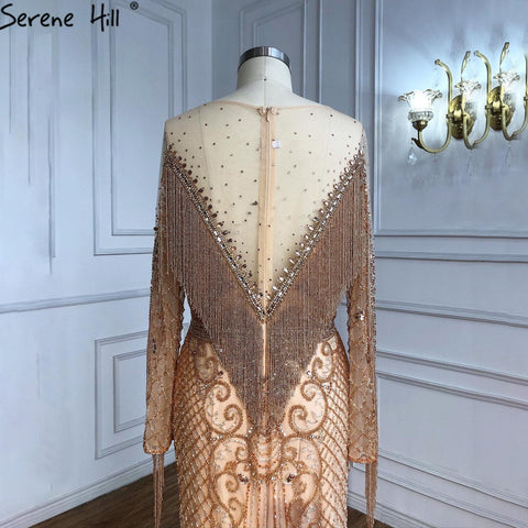 Robe de soirée musulmane luxueuse dorée, élégante, avec pompons et perles, pour femme, modèle LA60780, 2025 
