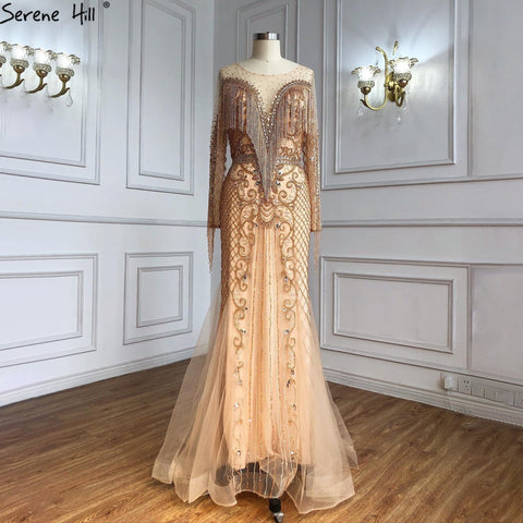 Robe de soirée musulmane luxueuse dorée, élégante, avec pompons et perles, pour femme, modèle LA60780, 2025 