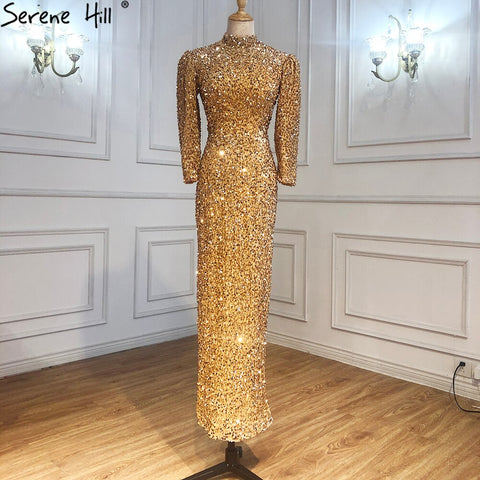 Robe de soirée musulmane luxueuse dorée, style sirène scintillant, élégante, LA71030, 2025 