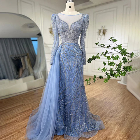 Robe de soirée de luxe style sirène dorée et perlée, style Dubaï, avec surjupe, pour femmes musulmanes, modèle LA72206, 2025 