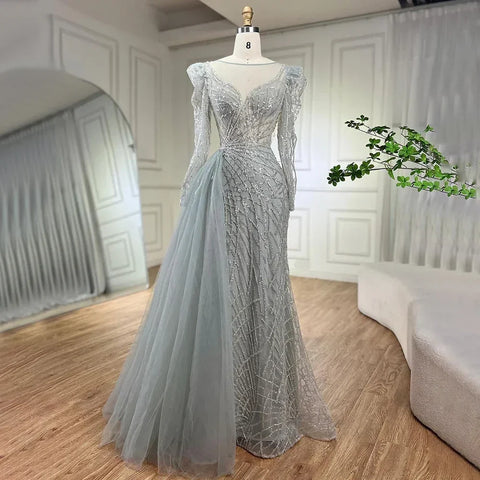 Robe de soirée de luxe style sirène dorée et perlée, style Dubaï, avec surjupe, pour femmes musulmanes, modèle LA72206, 2025 