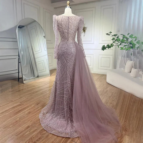 Luxury Muslim Gold Mermaid Beaded Dubai Evening Dresses with Overskirt LA72206