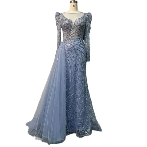 Robe de soirée de luxe style sirène dorée et perlée, style Dubaï, avec surjupe, pour femmes musulmanes, modèle LA72206, 2025 