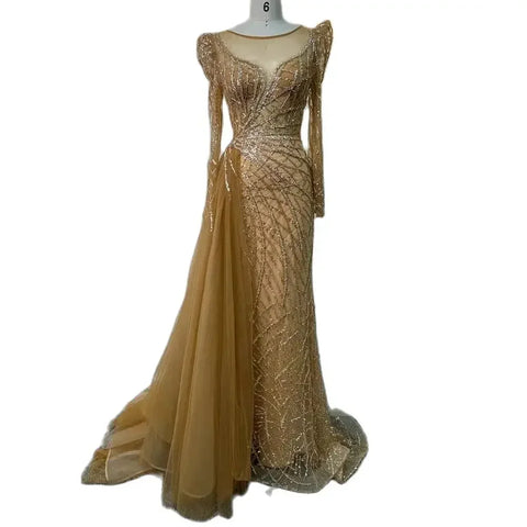 Robe de soirée de luxe style sirène dorée et perlée, style Dubaï, avec surjupe, pour femmes musulmanes, modèle LA72206, 2025 