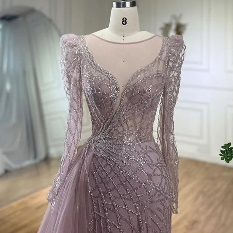 Luxury Muslim Gold Mermaid Beaded Dubai Evening Dresses with Overskirt LA72206