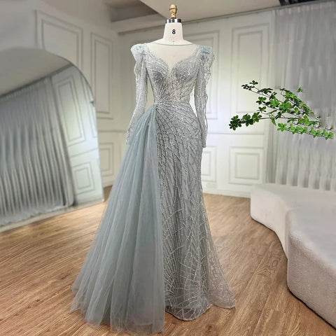 Luxury Muslim Gold Mermaid Beaded Dubai Evening Dresses with Overskirt LA72206