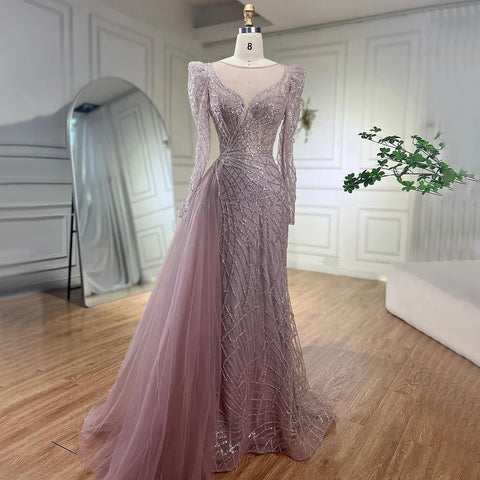 Robe de soirée de luxe style sirène dorée et perlée, style Dubaï, avec surjupe, pour femmes musulmanes, modèle LA72206, 2025 